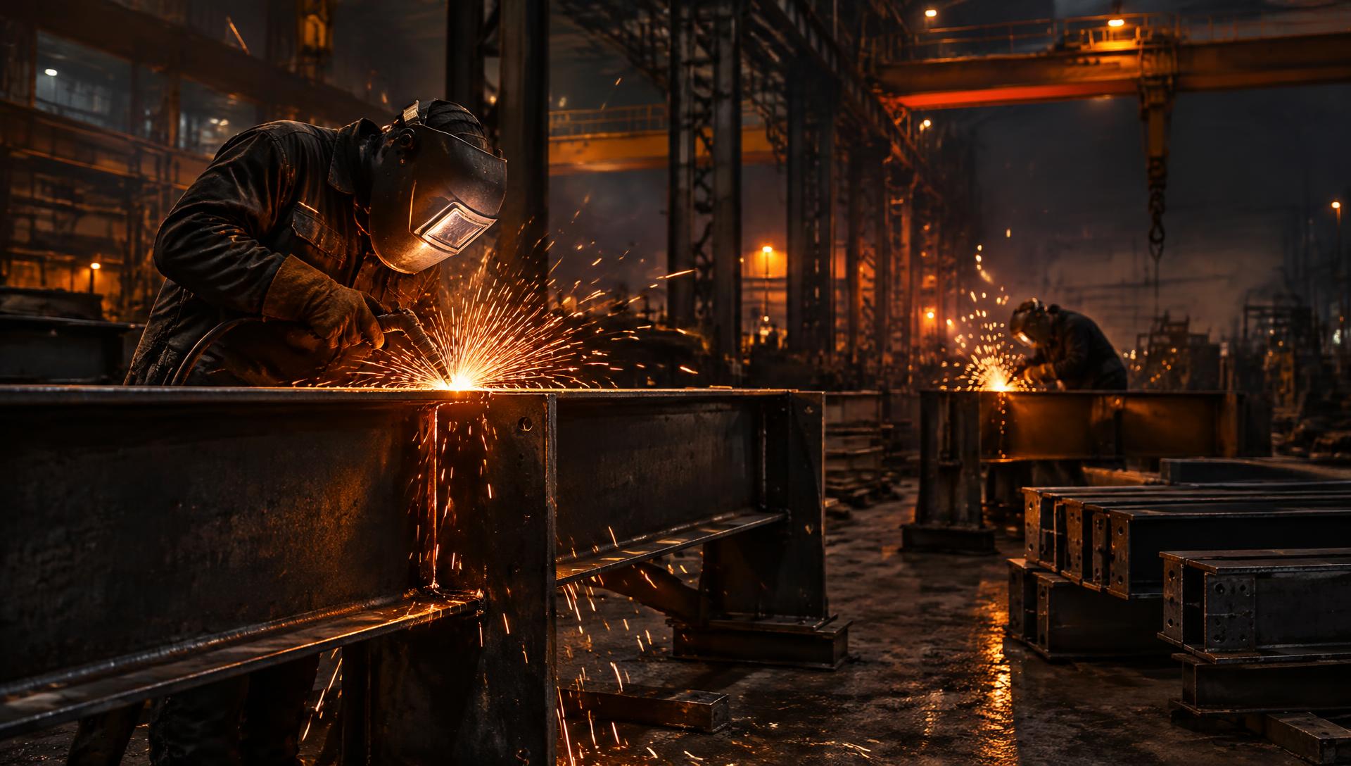 Welder joining a large structural steel beam inside an industrial fabrication bay