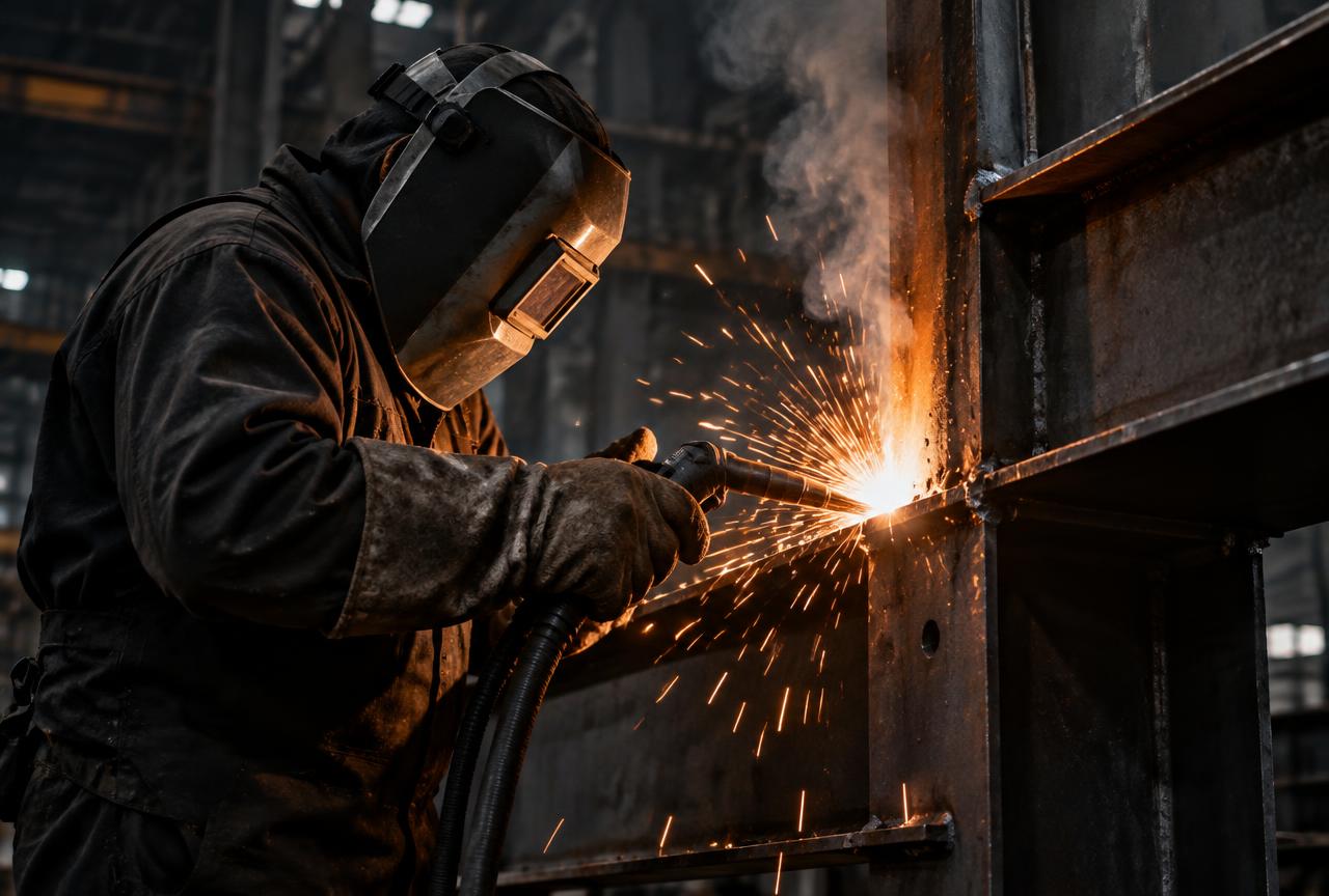 Welding work being carried out on a fabricated steel section